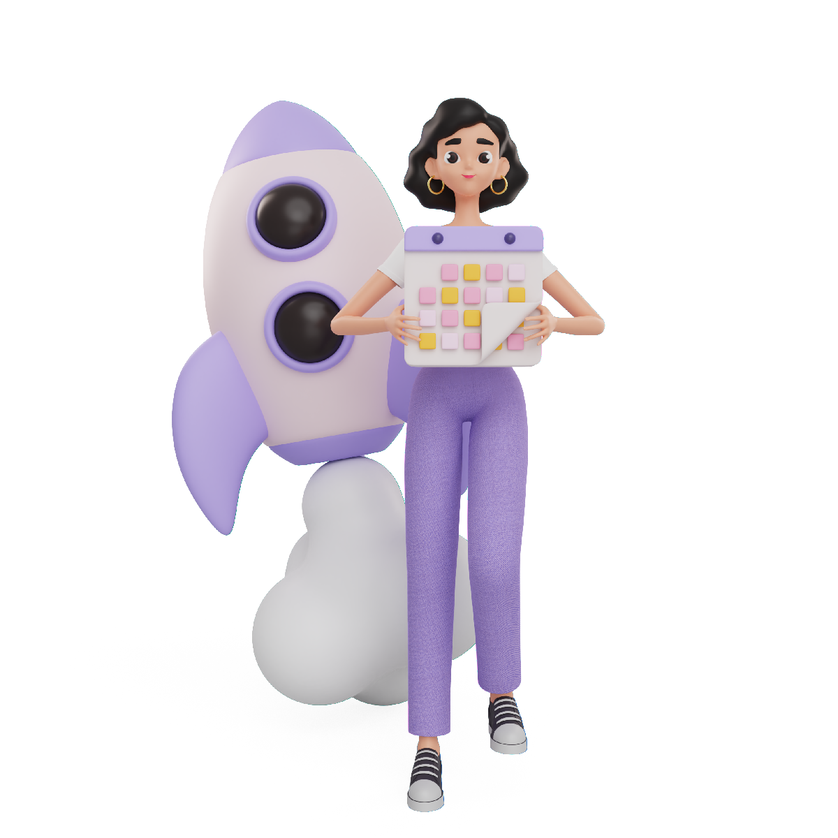 3d character of woman standing next to rocket
